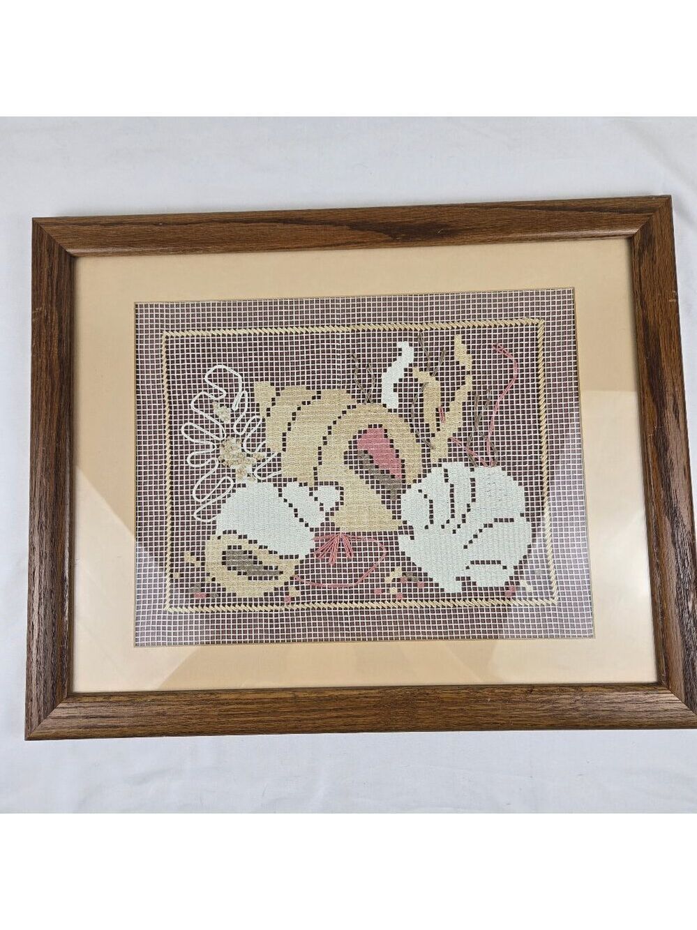Handmade Seashell Themed Net Darning Lace Needlecraft Framed Glass Front Vintage